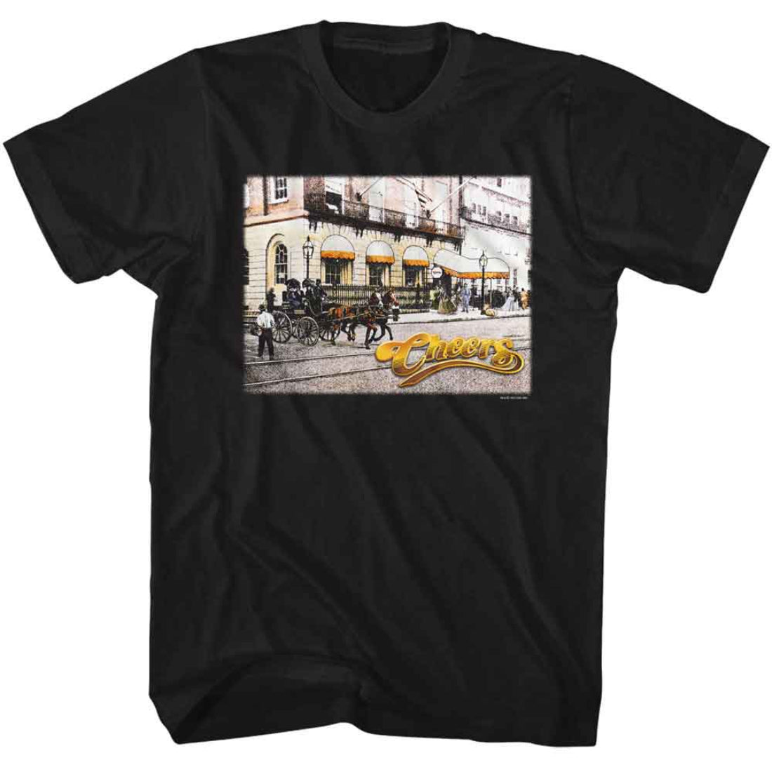 Black t-shirt with a vintage-style graphic of a city street scene and 'Cheers' logo.