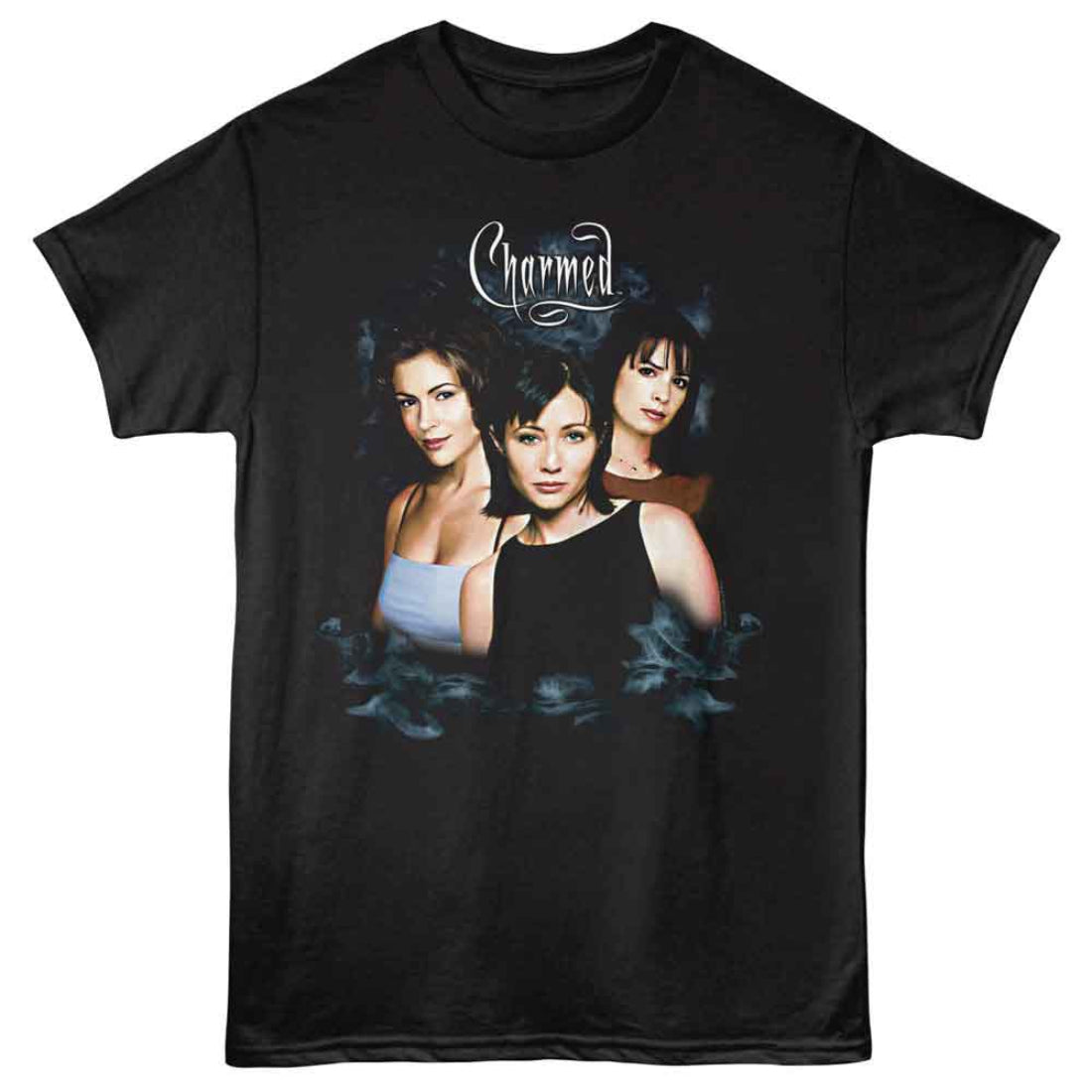 Black t-shirt with 'Charmed' graphic featuring three women on a white background