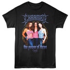 Black t-shirt with 'Charmed' graphic featuring three women and text on a white background