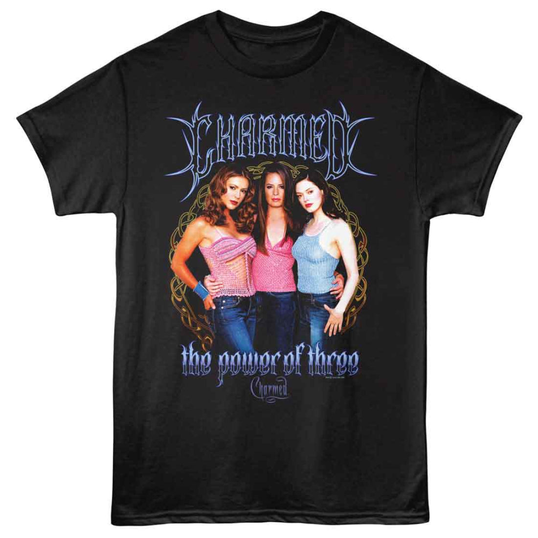 Black t-shirt with 'Charmed' graphic featuring three women and text on a white background