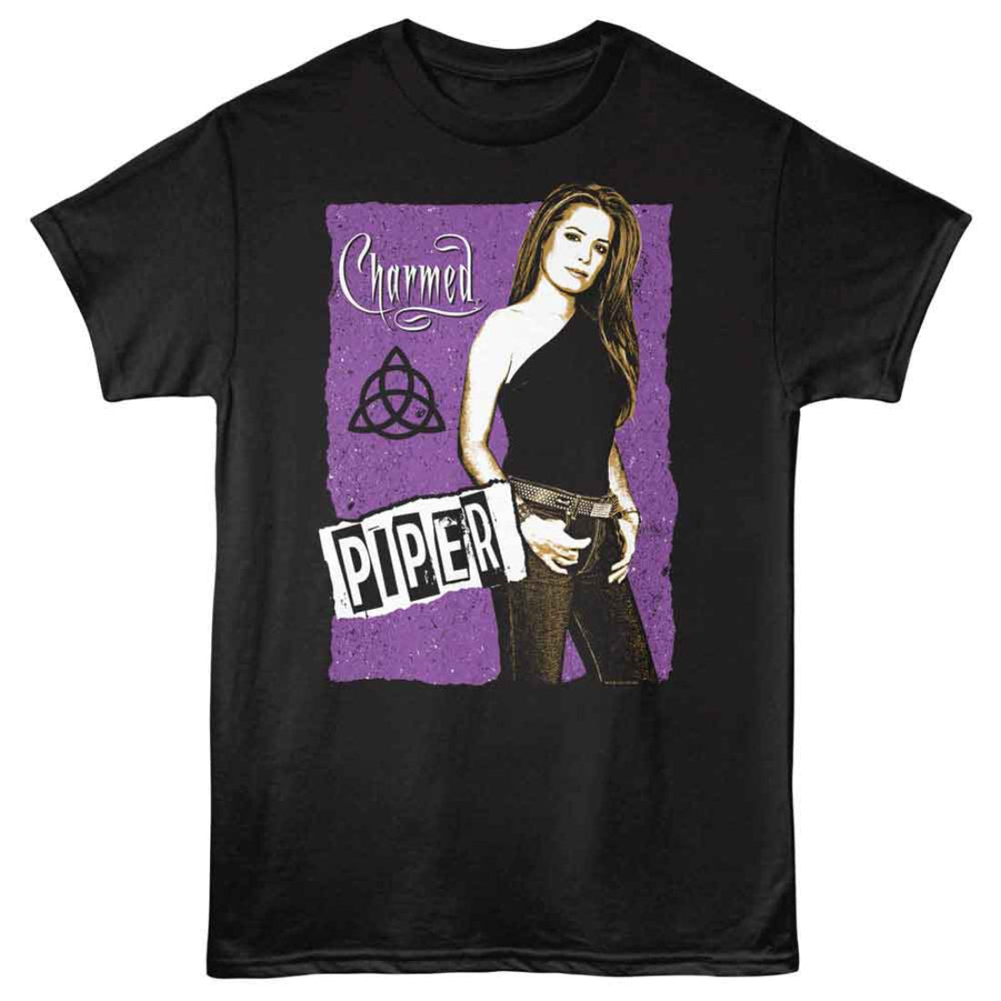 Black t-shirt with a graphic of a woman, 'Charmed Piper' text, and a purple background.