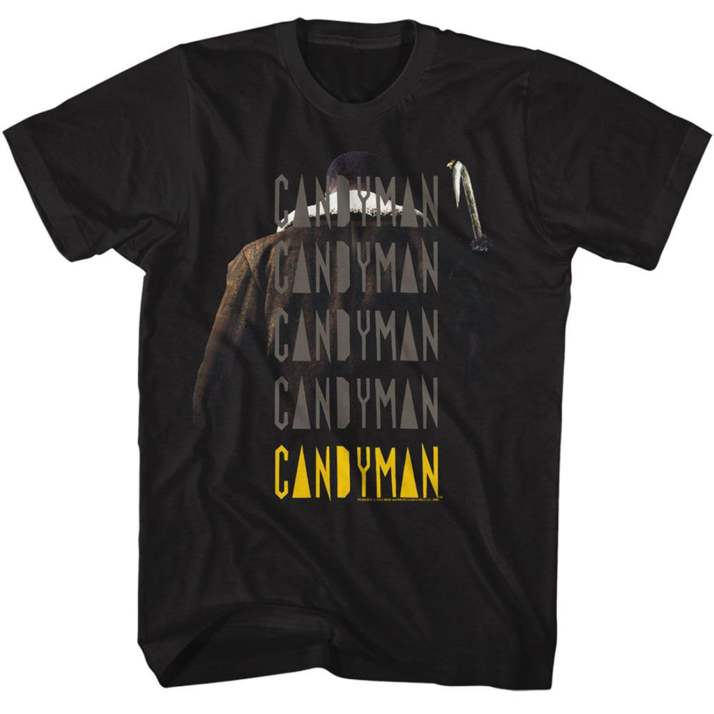 Black t-shirt with 'Candyman' graphic design on a white background