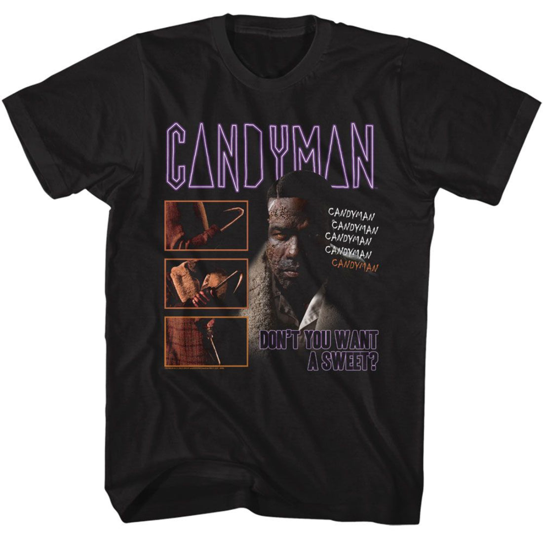 Black t-shirt with 'Candyman' graphic design featuring a man's face and text.