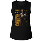 Black womens tank top with a graphic design and text on a white background