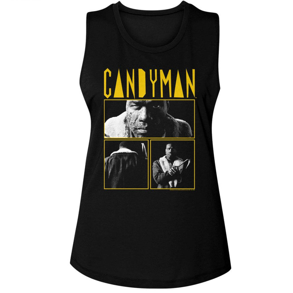 Black womens tank top with 'CANDYMAN' graphic design on a white background