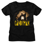 Black womens t-shirt with 'Candyman' graphic design featuring a silhouette and skeleton ribcage.