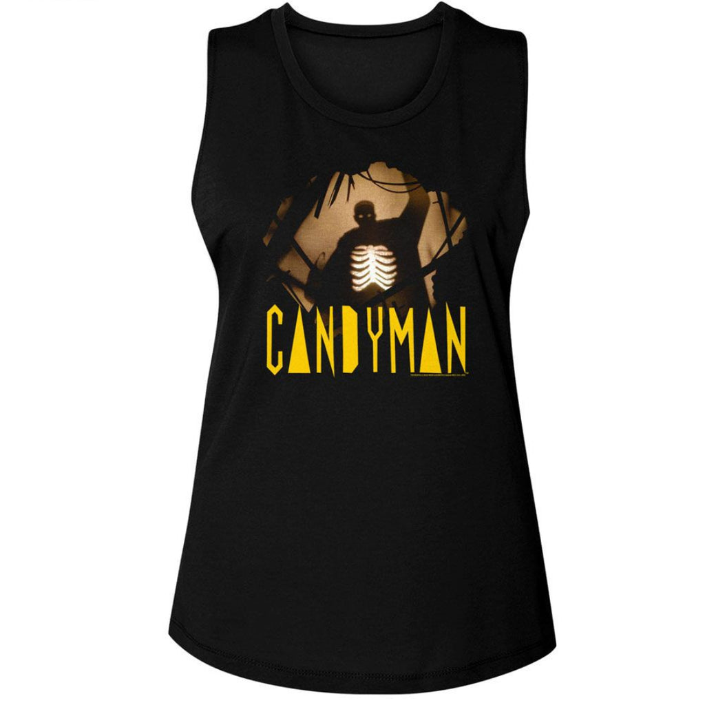 Black womens tank top with 'Candyman' graphic design on a white background