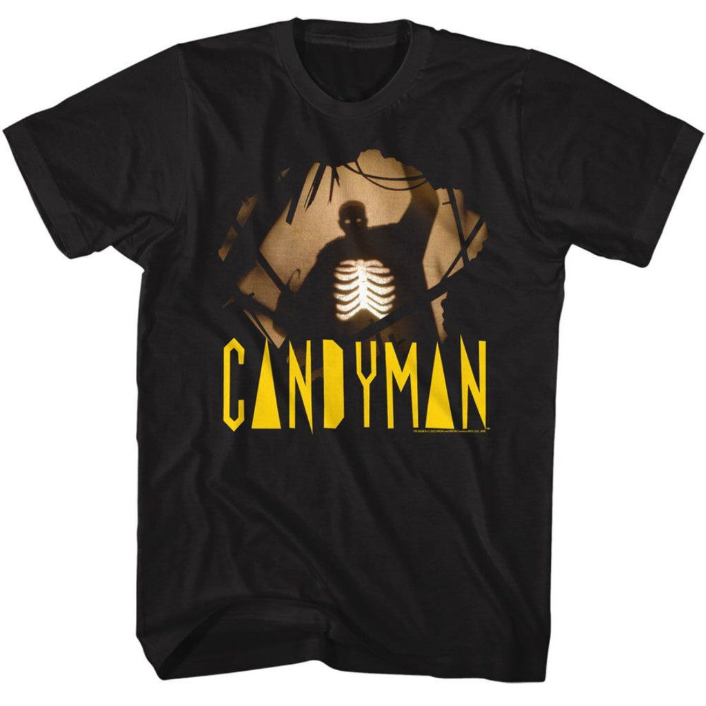 Black t-shirt with 'CANDYMAN' graphic design featuring a silhouette and glowing chest.