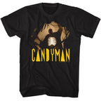 Black t-shirt with 'CANDYMAN' graphic design featuring a silhouette and glowing chest.
