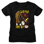 Black womens t-shirt with 'Candyman' graphic design featuring a coat, mirror, and text on a white background.