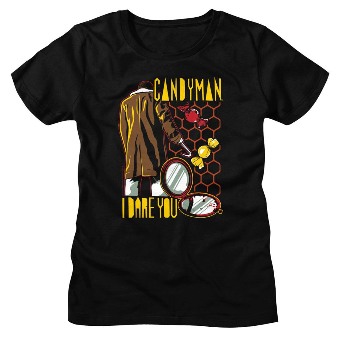Black womens t-shirt with 'Candyman' graphic design featuring a coat, mirror, and text on a white background.