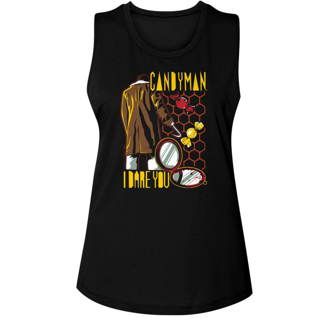 Black womens tank top with Candyman graphic and text 'I Dare You' on a white background