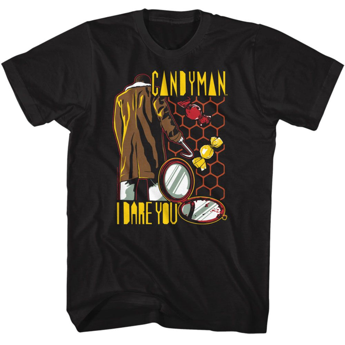 Black t-shirt with 'Candyman' graphic design featuring a figure, mirror, and honeycomb.