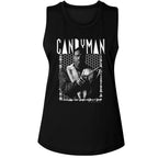 Black women's tank top with 'Candyman' graphic design on a white background