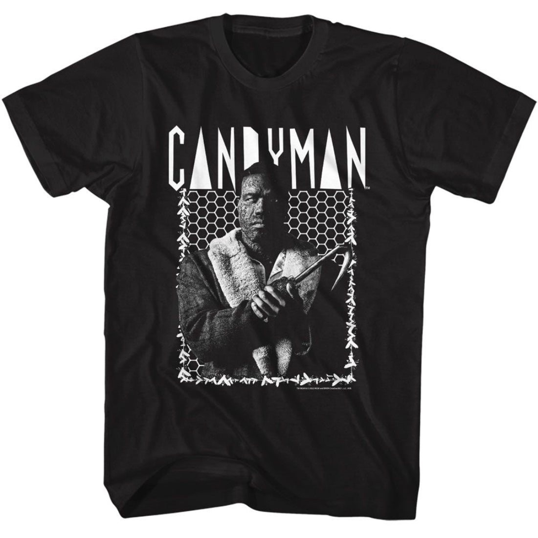 Black t-shirt with 'Candyman' graphic design featuring a person holding a knife.