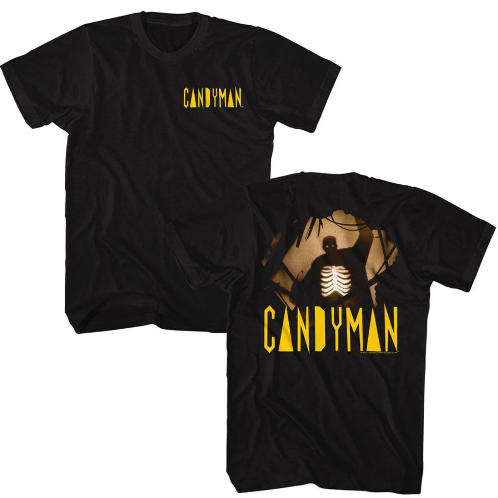 Black t-shirt with 'CANDYMAN' text and silhouette design on a white background