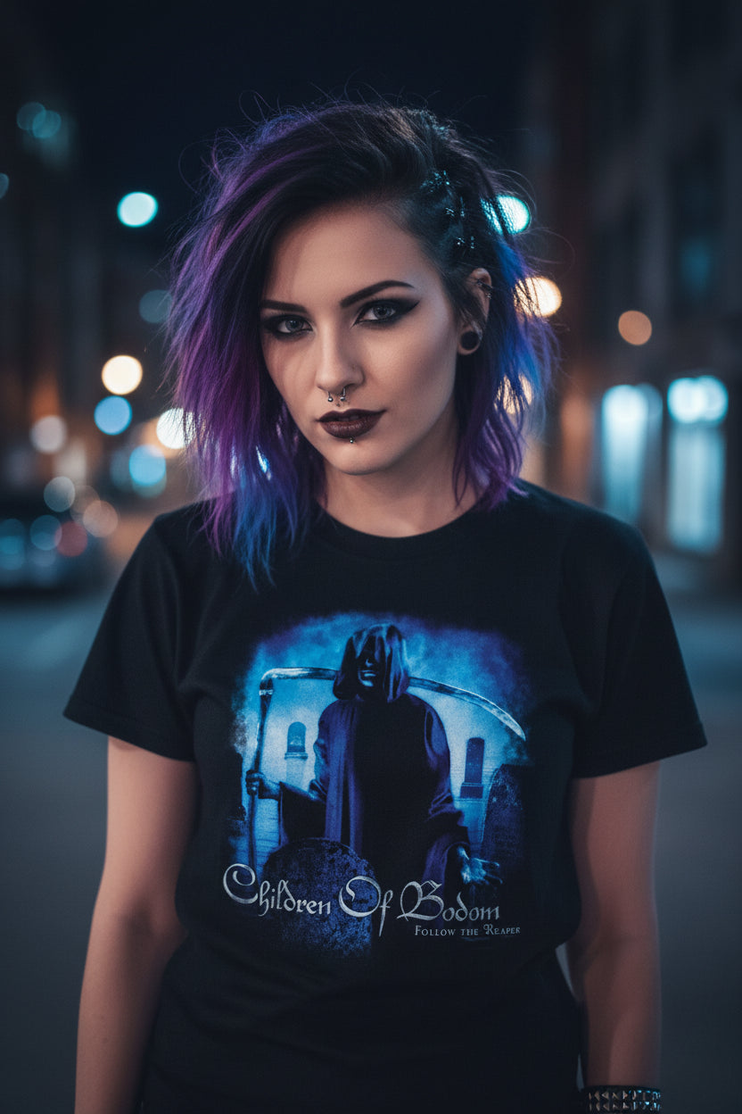 GIRL WEARING CHILDREN OF BODOM FOLLOW THE REAPER SHIRT COBTSFTRCS, COBTSFTRCM, COBTSFTRCL, COBTSFTRCX, COBTSFTRCXX, COBTSFTRCXXX