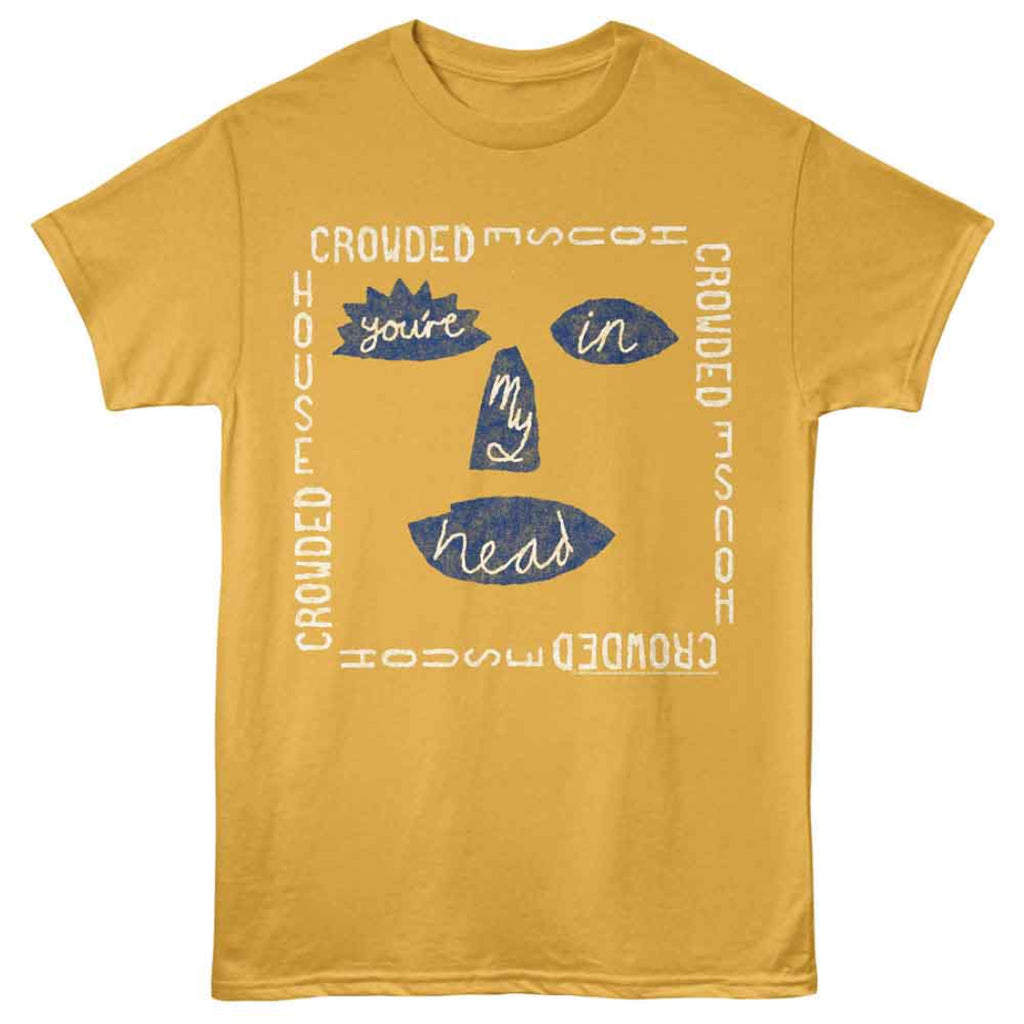 Yellow CROWDED HOUSE t-shirt with blue graphic design and text on a white background