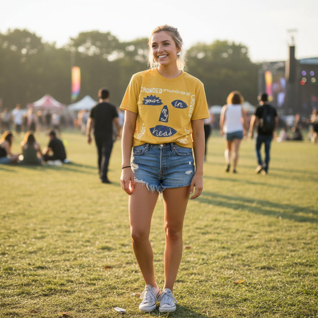 WOMAN WEARING YELLOW CROWDED HOUSE TEE CRH501S, CRH501M, CRH501L, CRH501XL, CRH501XXL