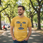 MAN WEARING YELLOW CROWDED HOUSE TEE CRH501S, CRH501M, CRH501L, CRH501XL, CRH501XXL