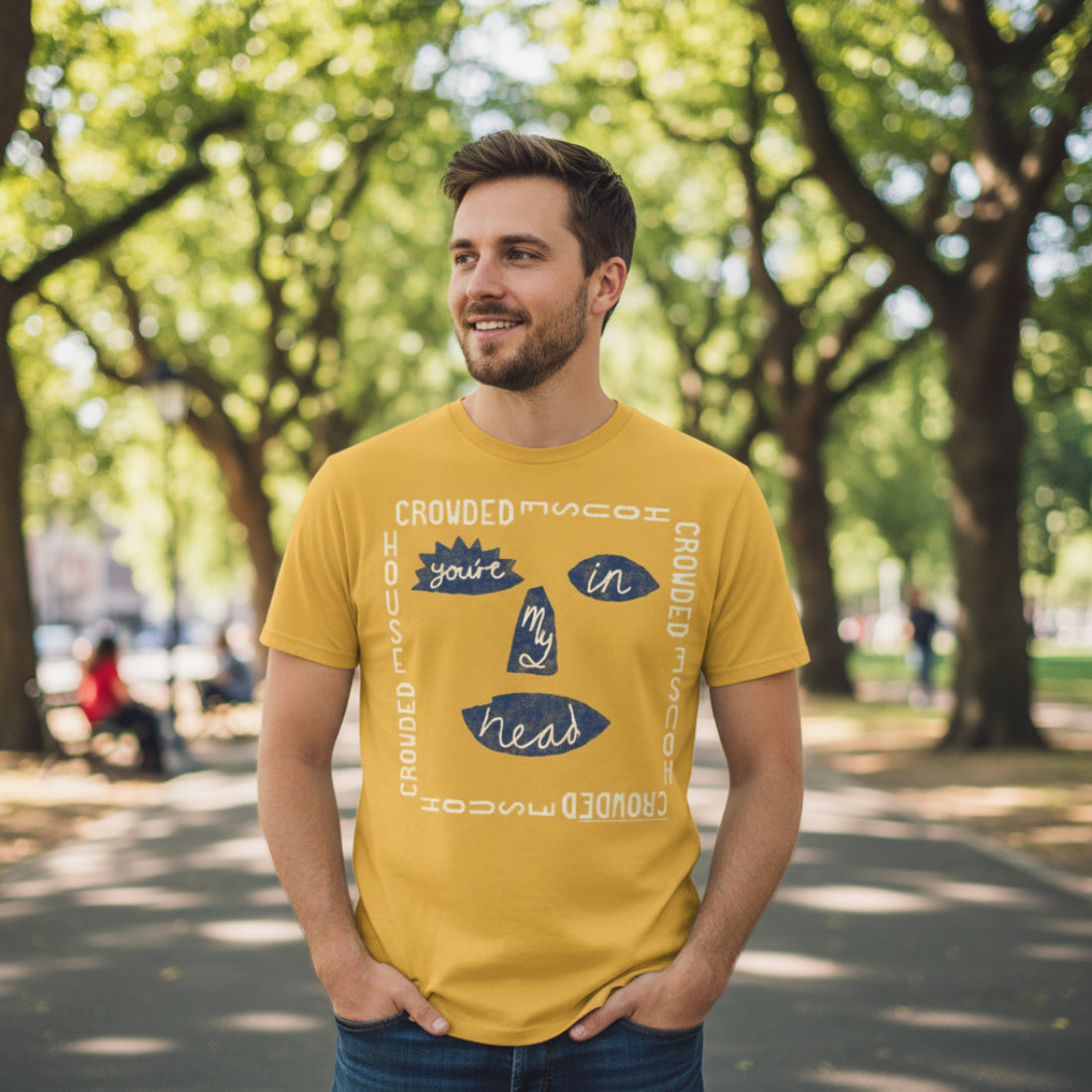 MAN WEARING YELLOW CROWDED HOUSE TEE CRH501S, CRH501M, CRH501L, CRH501XL, CRH501XXL
