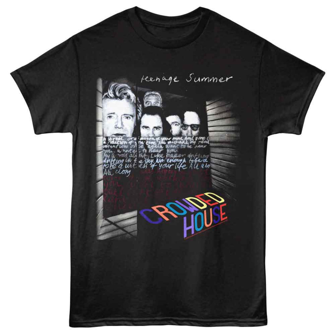 Black t-shirt with 'Crowded House' band graphic and album cover design.