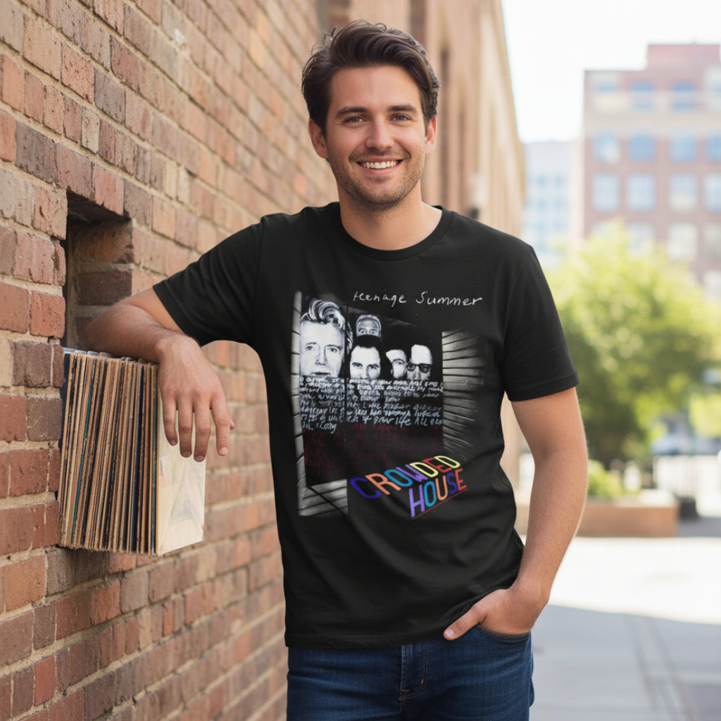 MAN WEARING Black t-shirt with 'Crowded House' band graphic and album cover design. CRH502S, CRH502M, CRH502L, CRH502XL, CRH502XXL, CRH502XXXL, CRH502XXXXL, CRH502XXXXXL
