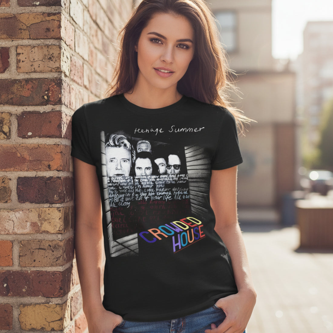 WOMAN WEARING Black t-shirt with 'Crowded House' band graphic and album cover design. CRH502S, CRH502M, CRH502L, CRH502XL, CRH502XXL, CRH502XXXL, CRH502XXXXL, CRH502XXXXXL