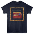 Navy blue t-shirt with a graphic design of a red vehicle and text on a white background