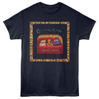 Navy blue t-shirt with a graphic design of a red vehicle and text on a white background