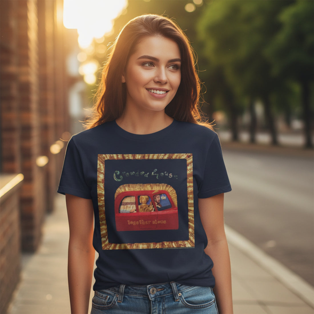 WOMAN WEARING CROWDED HOUSE Navy blue t-shirt with a graphic design of a red vehicle and text CRH503S, CRH503M, CRH503L, CRH503XL, CRH503XXL, CRH503XXXL, CRH503XXXXL, CRH503XXXXXL