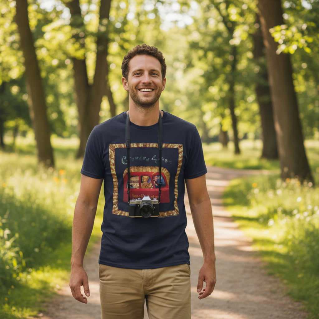 MAN WEARING CROWDED HOUSE Navy blue t-shirt with a graphic design of a red vehicle and text CRH503S, CRH503M, CRH503L, CRH503XL, CRH503XXL, CRH503XXXL, CRH503XXXXL, CRH503XXXXXL