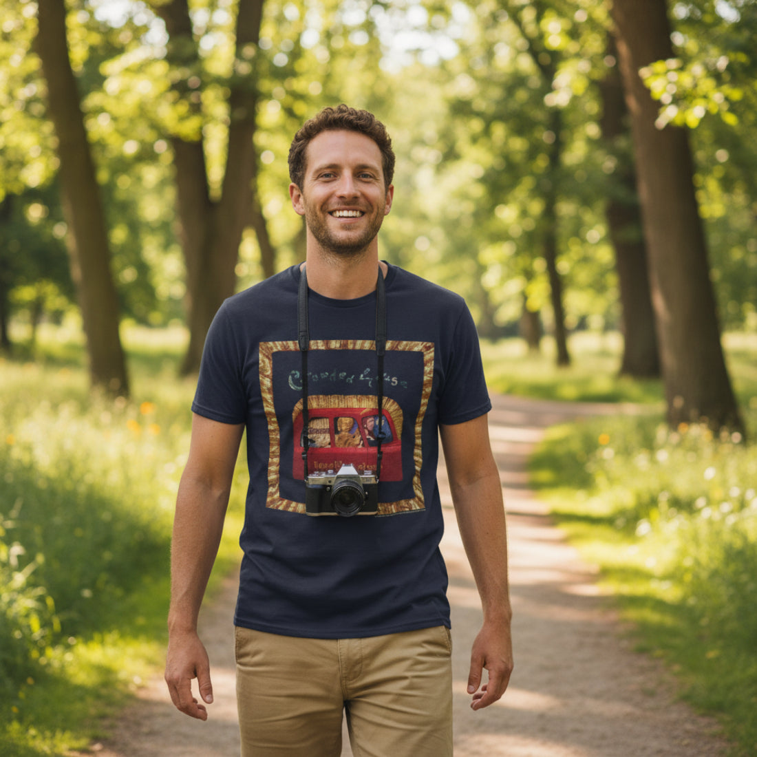 MAN WEARING CROWDED HOUSE Navy blue t-shirt with a graphic design of a red vehicle and text CRH503S, CRH503M, CRH503L, CRH503XL, CRH503XXL, CRH503XXXL, CRH503XXXXL, CRH503XXXXXL