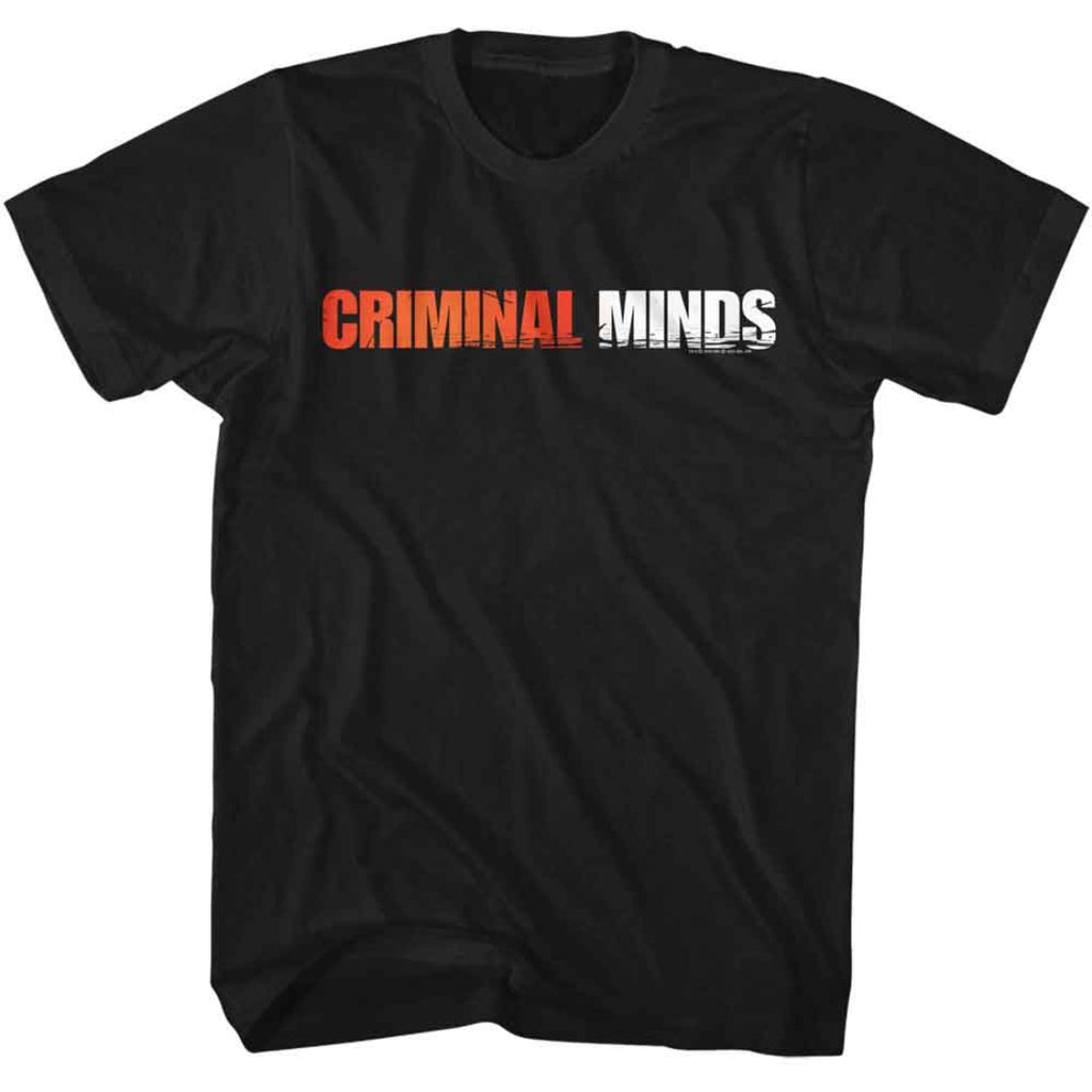 Black t-shirt with 'CRIMINAL MINDS' text in red and white on a white background