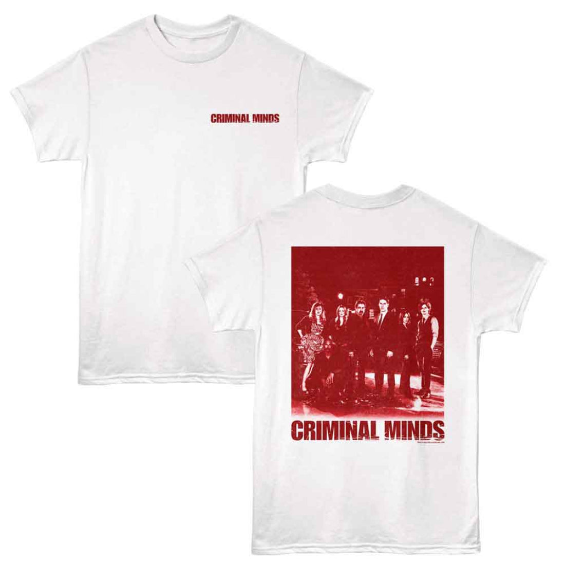 White t-shirt with 'Criminal Minds' graphic design on a white background