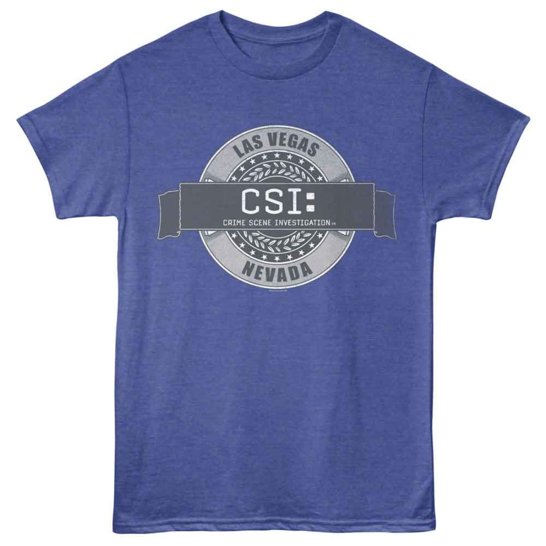 Blue t-shirt with CSI Las Vegas Nevada graphic on a white background