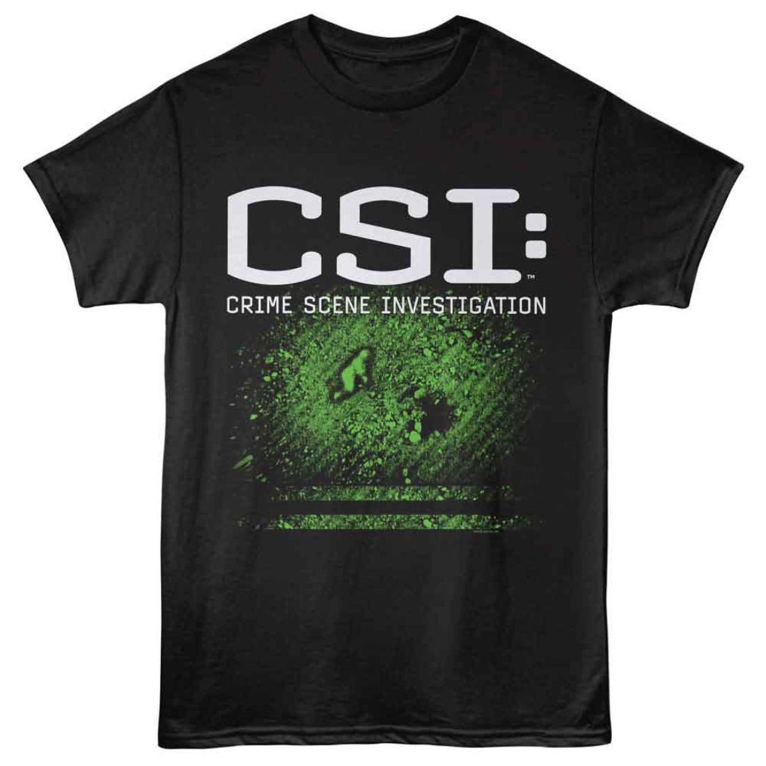 Black t-shirt with 'CSI: Crime Scene Investigation' text and green graphic on a white background