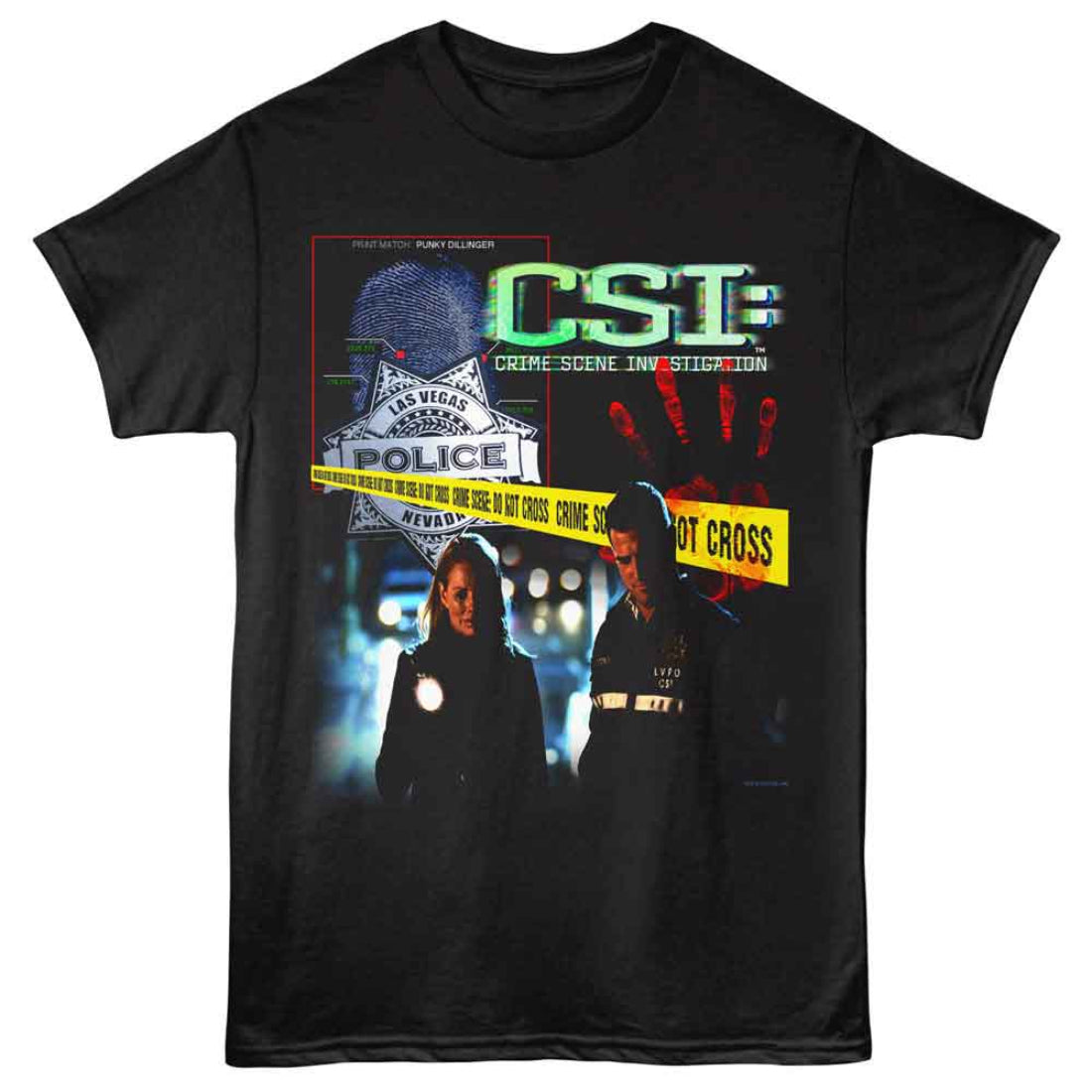 Black t-shirt with 'CSI' graphic design featuring two police officers and a police car.