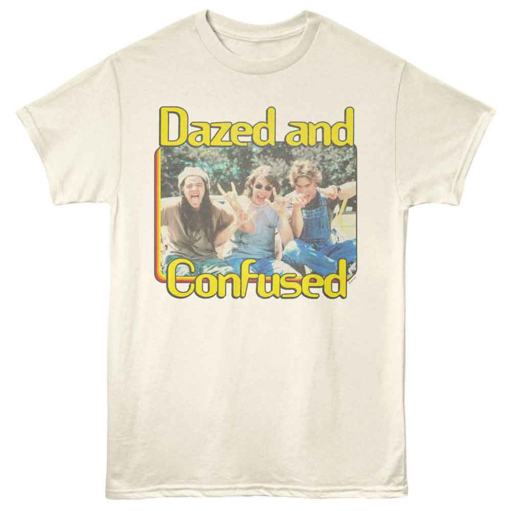 Beige t-shirt with 'Dazed and Confused' graphic and text on a white background