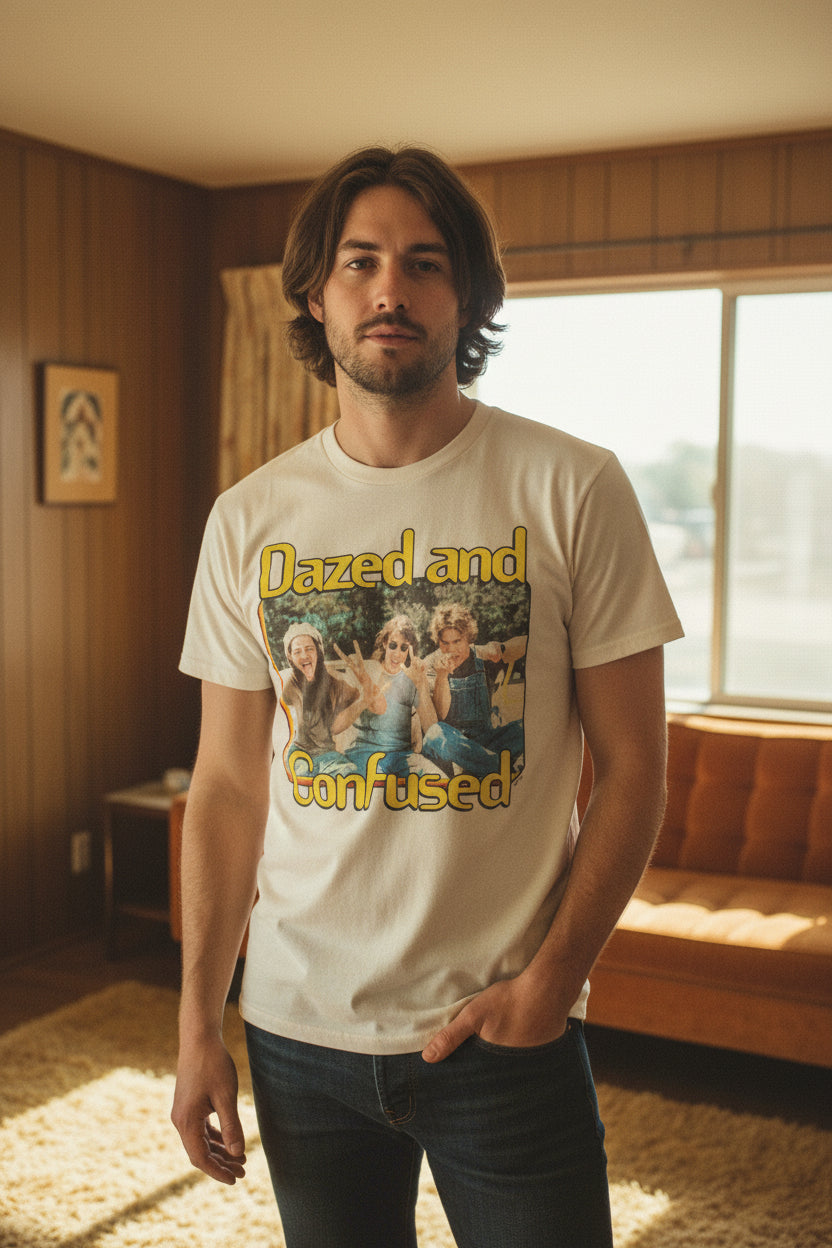 MAN WEARING DAZED AND CONFUSED TEE  DAZ504S, DAZ504M, DAZ504L, DAZ504XL, DAZ504XXL, DAZ504XXXL, DAZ504XXXXL