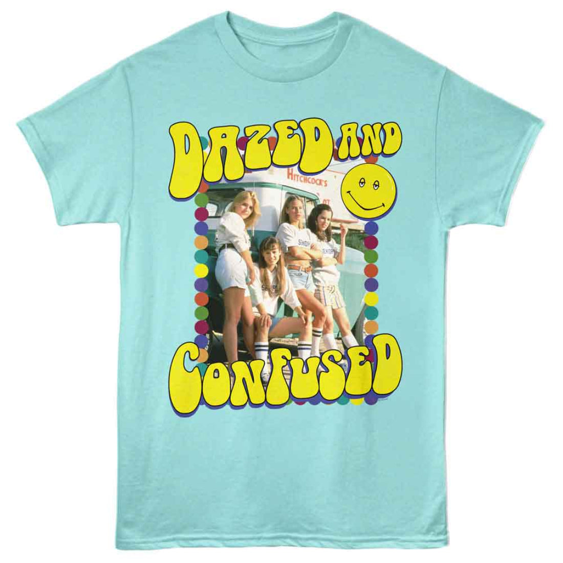 Light blue t-shirt with 'Dazed and Confused' graphic design featuring a group of people and a smiley face.