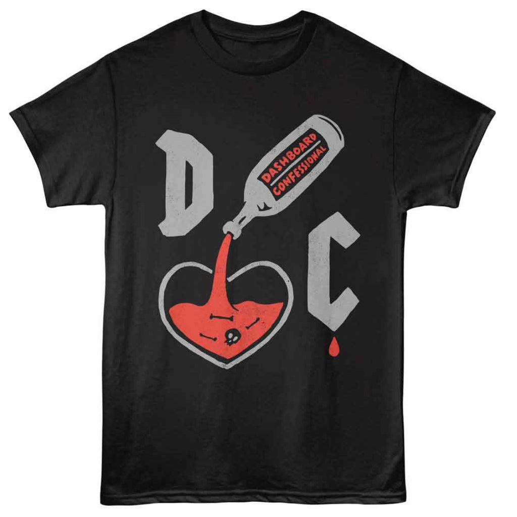 Black t-shirt with graphic design featuring a heart and bottle labeled 'Dashboard Confessional' on a white background.