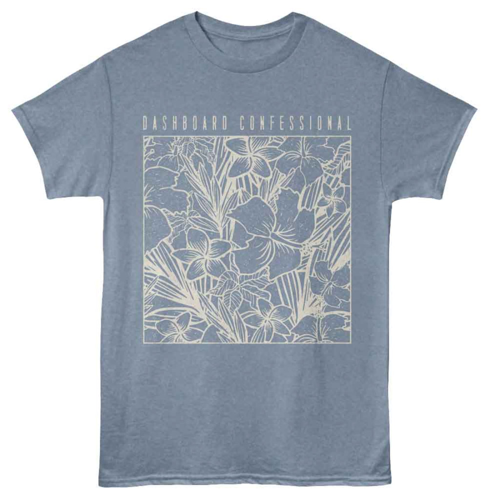 Blue t-shirt with floral design and 'Dashboard Confessional' text on a white background