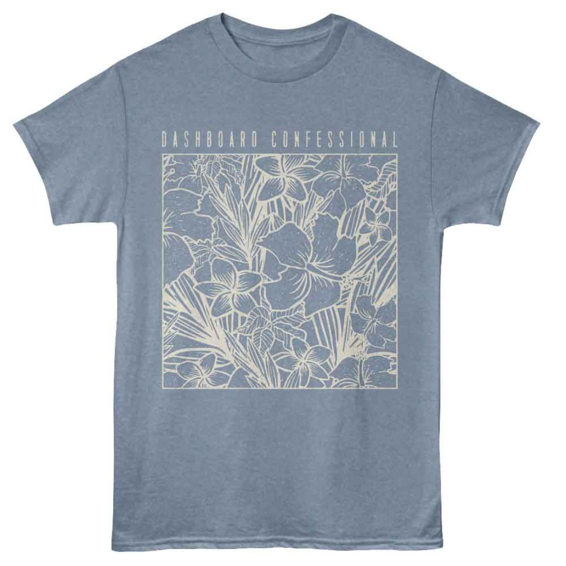 Blue t-shirt with floral design and 'Dashboard Confessional' text on a white background