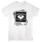 White t-shirt with black graphic design and 'Dashboard Confessional' text on a white background