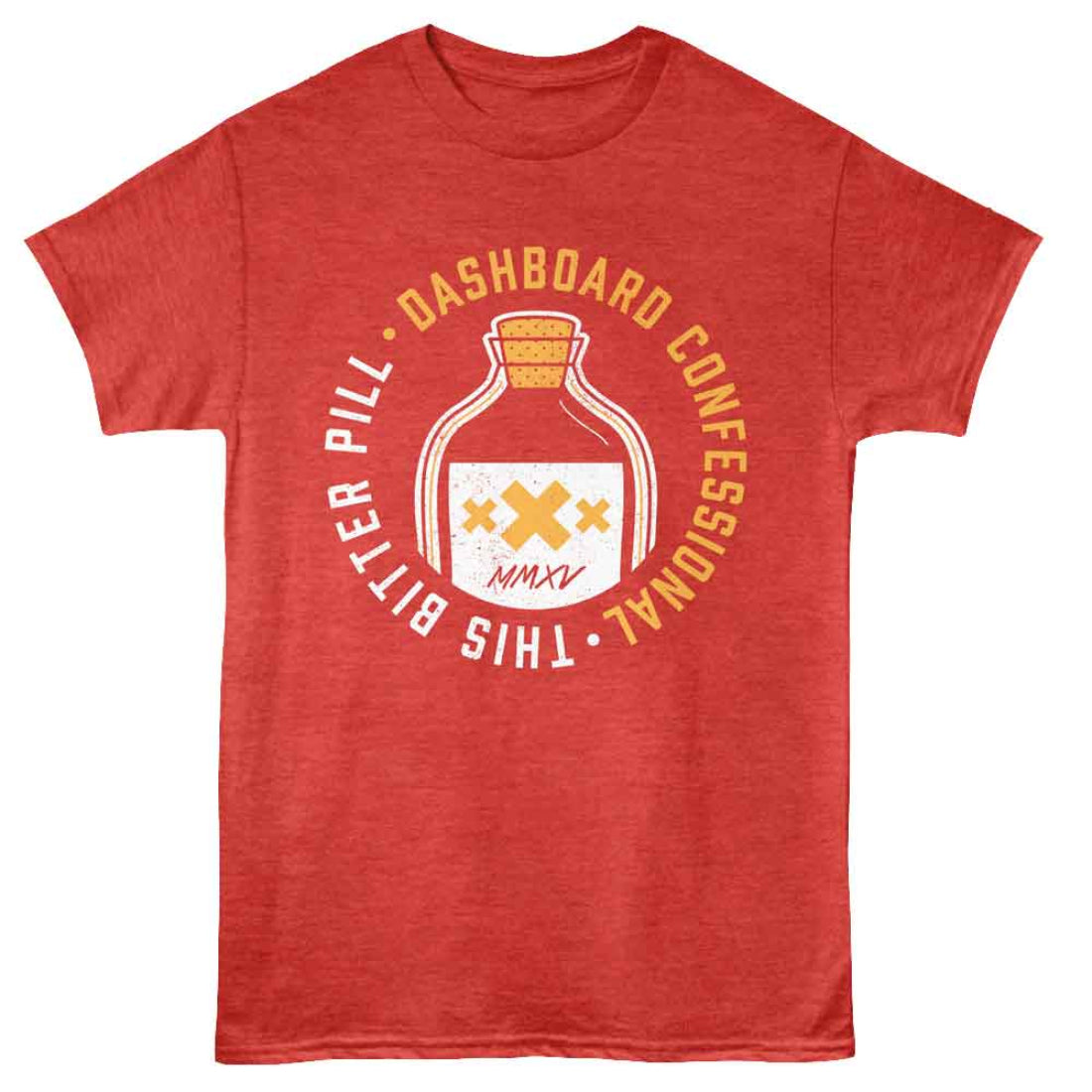 Red t-shirt with Dashboard Confessional bottle graphic and text on a white background