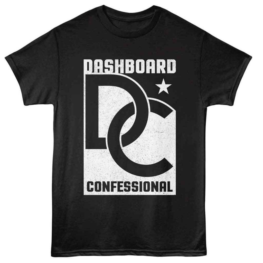 Black t-shirt with Dashboard Confessional logo on a white background