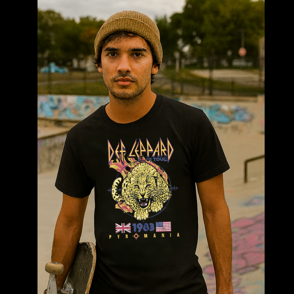 MAN WEARING DEF LEPPARD 1983 PYROMANIA TOUR SHIRT DEF5139S, DEF5139M, DEF5139L, DEF5139XL, DEF5139XXL, DEF5139XXXL, DEF5139XXXXL, DEF5139XXXXXL