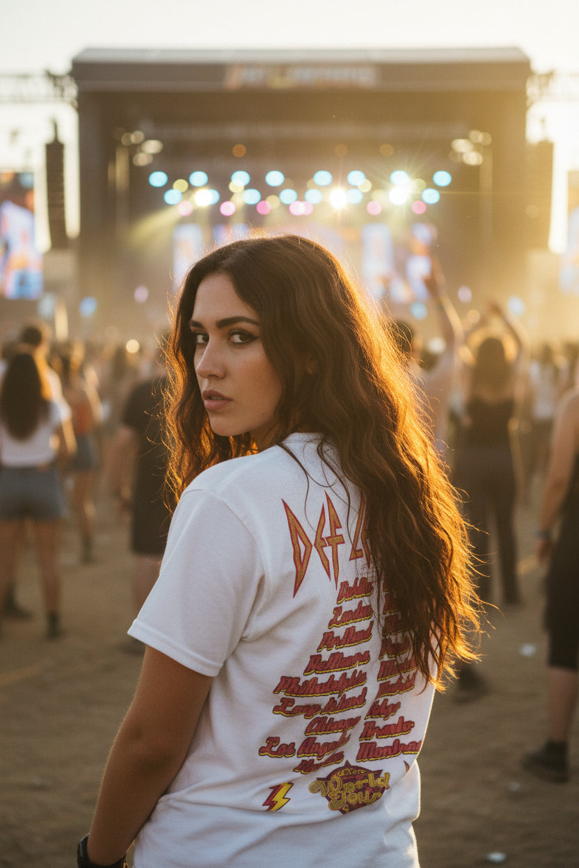 WOMAN WEARING DEF LEPPARD 86 WORLD TOUR TEE DEF5172S, DEF5172M, DEF5172L, DEF5172XL, DEF5172XXL, DEF5172XXXL, DEF5172XXXXL, DEF5172XXXXXL