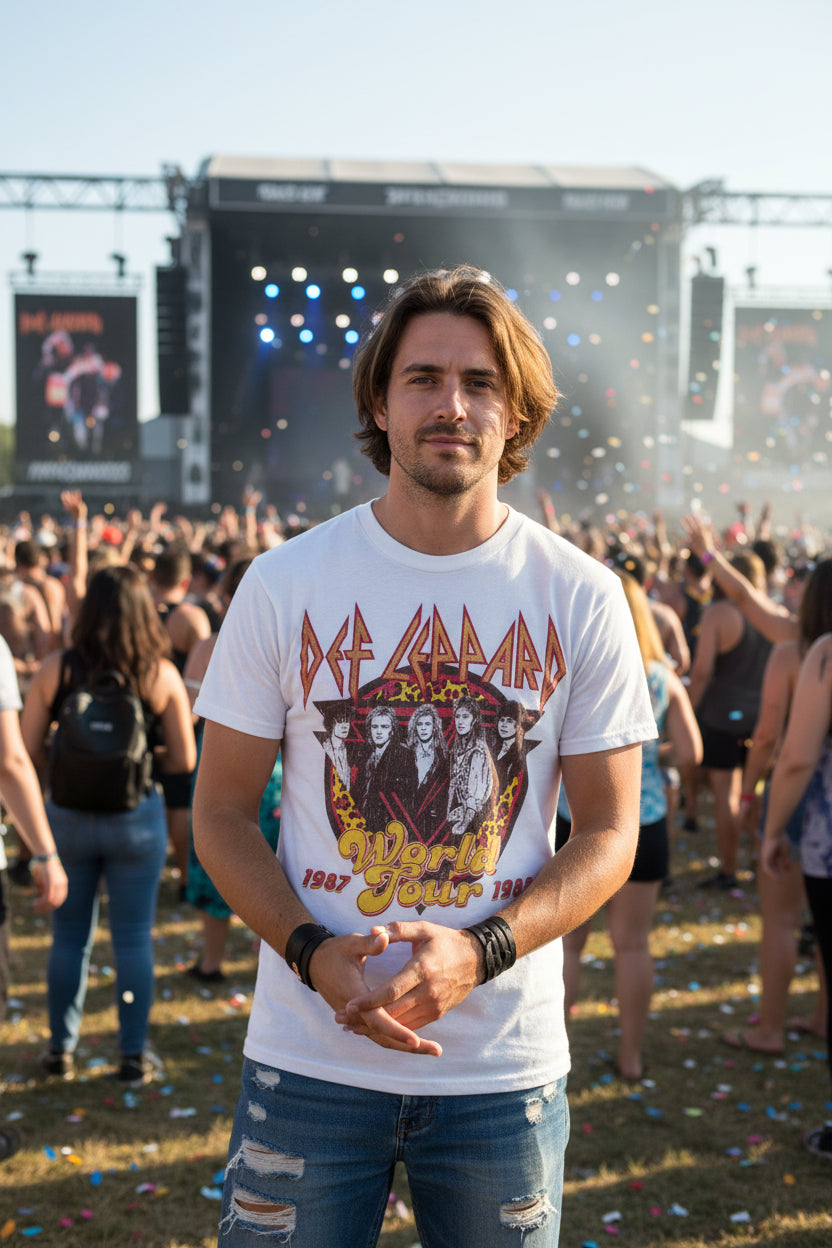 MAN WEARING DEF LEPPARD 87 WORLD TOUR TEE DEF5172S, DEF5172M, DEF5172L, DEF5172XL, DEF5172XXL, DEF5172XXXL, DEF5172XXXXL, DEF5172XXXXXL